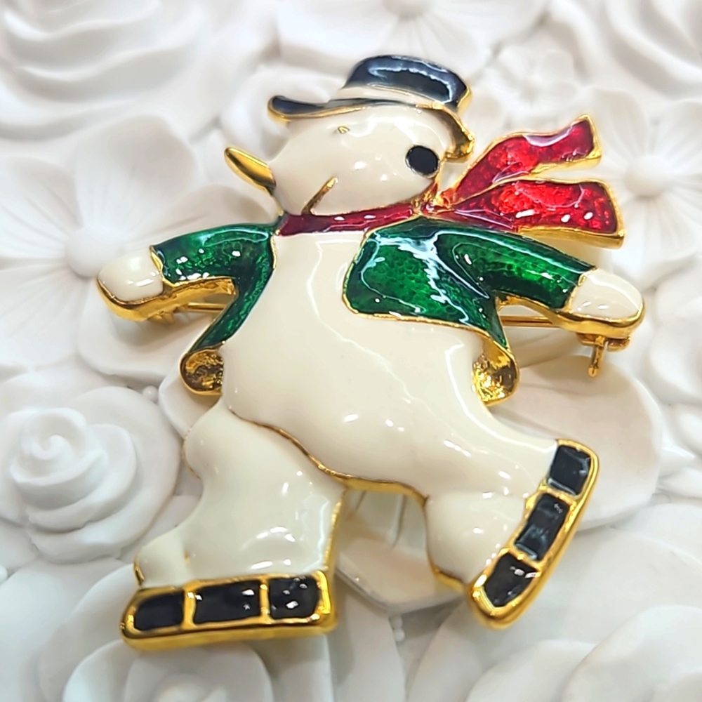 Christmas Holiday Metallic Gold Skating Snowman Pin/Brooch - Picture 3 of 9